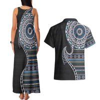 Fijian Masi Tribal Tattoos Art Pattern Couples Matching Tank Maxi Dress and Hawaiian Shirt Navy Color Half Style - Polynesian Pride