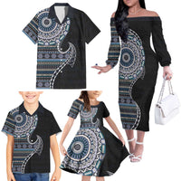 Fijian Masi Tribal Tattoos Art Pattern Family Matching Off The Shoulder Long Sleeve Dress and Hawaiian Shirt Navy Color Half Style - Polynesian Pride