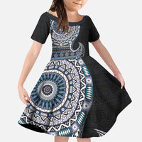 Fijian Masi Tribal Tattoos Art Pattern Family Matching Off Shoulder Maxi Dress and Hawaiian Shirt Navy Color Half Style - Polynesian Pride