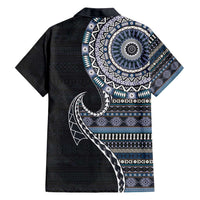 Fijian Masi Tribal Tattoos Art Pattern Family Matching Off Shoulder Short Dress and Hawaiian Shirt Navy Color Half Style - Polynesian Pride