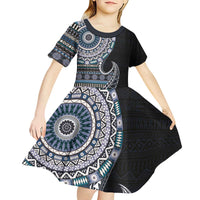 Fijian Masi Tribal Tattoos Art Pattern Kid Short Sleeve Dress Navy Color Half Style - Polynesian Pride