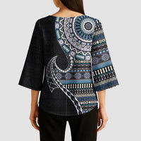Fijian Masi Tribal Tattoos Art Pattern Kimono Sleeve Blouse Navy Color Half Style - Polynesian Pride
