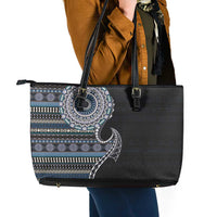Fijian Masi Tribal Tattoos Art Pattern Leather Tote Bag Navy Color Half Style - Polynesian Pride