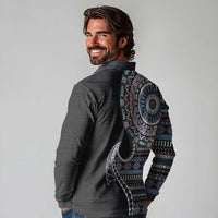 Fijian Masi Tribal Tattoos Art Pattern Long Sleeve Polo Shirt Navy Color Half Style - Polynesian Pride