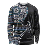 Fijian Masi Tribal Tattoos Art Pattern Long Sleeve Shirt Navy Color Half Style - Polynesian Pride