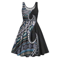 Fijian Masi Tribal Tattoos Art Pattern Midi Dress Navy Color Half Style - Polynesian Pride