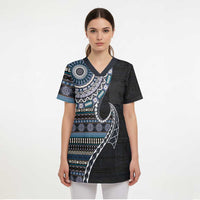 Fijian Masi Tribal Tattoos Art Pattern Scrub Top Navy Color Half Style - Polynesian Pride
