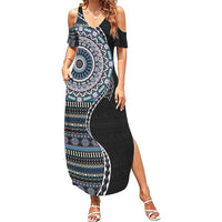 Fijian Masi Tribal Tattoos Art Pattern Summer Maxi Dress Navy Color Half Style - Polynesian Pride