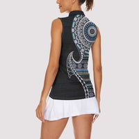 Fijian Masi Tribal Tattoos Art Pattern Women Sleeveless Polo Shirt Navy Color Half Style - Polynesian Pride