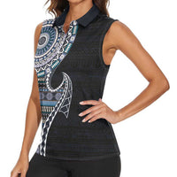 Fijian Masi Tribal Tattoos Art Pattern Women Sleeveless Polo Shirt Navy Color Half Style - Polynesian Pride