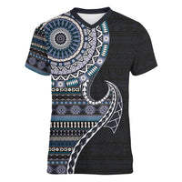 Fijian Masi Tribal Tattoos Art Pattern Women V-Neck T-Shirt Navy Color Half Style - Polynesian Pride