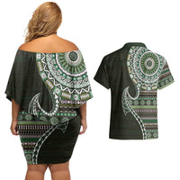 Fijian Masi Tribal Tattoos Art Pattern Couples Matching Off Shoulder Short Dress and Hawaiian Shirt Green Color Half Style - Polynesian Pride