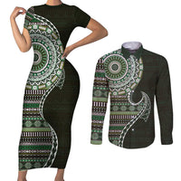 Fijian Masi Tribal Tattoos Art Pattern Couples Matching Short Sleeve Bodycon Dress and Long Sleeve Button Shirt Green Color Half Style - Polynesian Pride