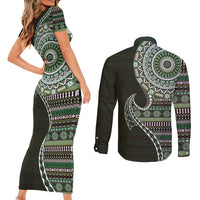 Fijian Masi Tribal Tattoos Art Pattern Couples Matching Short Sleeve Bodycon Dress and Long Sleeve Button Shirt Green Color Half Style - Polynesian Pride
