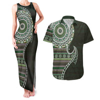 Fijian Masi Tribal Tattoos Art Pattern Couples Matching Tank Maxi Dress and Hawaiian Shirt Green Color Half Style - Polynesian Pride