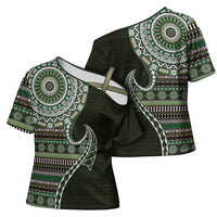 Fijian Masi Tribal Tattoos Art Pattern Cross Shoulder Shirt Green Color Half Style - Polynesian Pride
