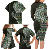 Fijian Masi Tribal Tattoos Art Pattern Family Matching Long Sleeve Bodycon Dress and Hawaiian Shirt Green Color Half Style - Polynesian Pride