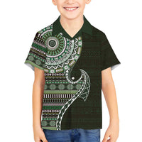 Fijian Masi Tribal Tattoos Art Pattern Family Matching Long Sleeve Bodycon Dress and Hawaiian Shirt Green Color Half Style - Polynesian Pride