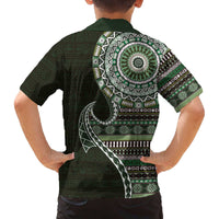 Fijian Masi Tribal Tattoos Art Pattern Family Matching Off The Shoulder Long Sleeve Dress and Hawaiian Shirt Green Color Half Style - Polynesian Pride