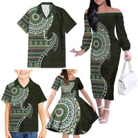 Fijian Masi Tribal Tattoos Art Pattern Family Matching Off The Shoulder Long Sleeve Dress and Hawaiian Shirt Green Color Half Style - Polynesian Pride