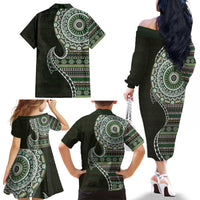 Fijian Masi Tribal Tattoos Art Pattern Family Matching Off The Shoulder Long Sleeve Dress and Hawaiian Shirt Green Color Half Style - Polynesian Pride