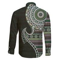 Fijian Masi Tribal Tattoos Art Pattern Family Matching Off The Shoulder Long Sleeve Dress and Hawaiian Shirt Green Color Half Style - Polynesian Pride