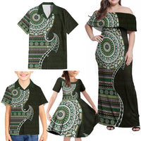 Fijian Masi Tribal Tattoos Art Pattern Family Matching Off Shoulder Maxi Dress and Hawaiian Shirt Green Color Half Style - Polynesian Pride
