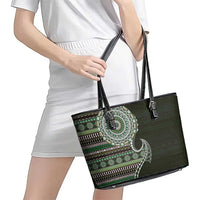 Fijian Masi Tribal Tattoos Art Pattern Leather Tote Bag Green Color Half Style - Polynesian Pride