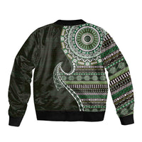 Fijian Masi Tribal Tattoos Art Pattern Sleeve Zip Bomber Jacket Green Color Half Style - Polynesian Pride