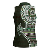 Fijian Masi Tribal Tattoos Art Pattern Women Sleeveless Polo Shirt Green Color Half Style - Polynesian Pride