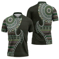 Fijian Masi Tribal Tattoos Art Pattern Zipper Polo Shirt Green Color Half Style - Polynesian Pride