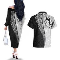 Fijian Masi Tattoos Couples Matching Off The Shoulder Long Sleeve Dress and Hawaiian Shirt with Tapa Tribal Pattern - Polynesian Pride