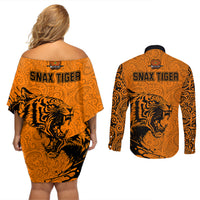 PNG Lae Snax Tigers Rugby Couples Matching Off Shoulder Short Dress and Long Sleeve Button Shirts The Tigers Head and PNG Bird Polynesian Tattoo LT03 - Polynesian Pride