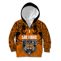PNG Lae Snax Tigers Rugby Kid Hoodie The Tigers Head and PNG Bird Polynesian Tattoo LT03 Zip Hoodie Orange - Polynesian Pride