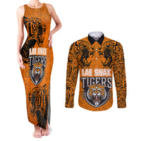 Custom PNG Lae Snax Tigers Rugby Couples Matching Tank Maxi Dress and Long Sleeve Button Shirts The Tigers Head and PNG Bird Polynesian Tattoo LT03 Orange - Polynesian Pride