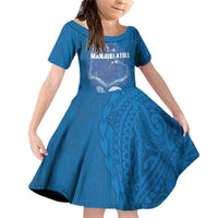 Cook Islands Manihiki Atoll Family Matching Off Shoulder Short Dress and Hawaiian Shirt Maori Turtle and Polynesian Pattern LT03 Daughter's Dress Blue - Polynesian Pride