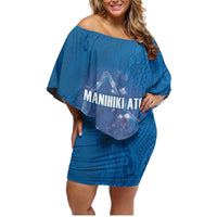 Cook Islands Manihiki Atoll Family Matching Off Shoulder Short Dress and Hawaiian Shirt Maori Turtle and Polynesian Pattern LT03 Mom's Dress Blue - Polynesian Pride