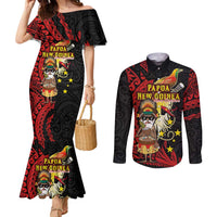 Papua New Guinea Christmas Couples Matching Mermaid Dress and Long Sleeve Button Shirt Funny Melanesian Santa with Bird-of-paradise Tribal Style - Polynesian Pride