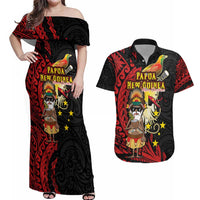 Papua New Guinea Christmas Couples Matching Off Shoulder Maxi Dress and Hawaiian Shirt Funny Melanesian Santa with Bird-of-paradise Tribal Style - Polynesian Pride