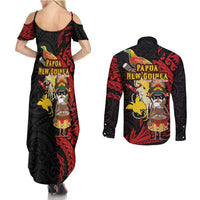 Papua New Guinea Christmas Couples Matching Summer Maxi Dress and Long Sleeve Button Shirt Funny Melanesian Santa with Bird-of-paradise Tribal Style - Polynesian Pride