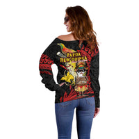 Papua New Guinea Christmas Off Shoulder Sweater Funny Melanesian Santa with Bird-of-paradise Tribal Style - Polynesian Pride