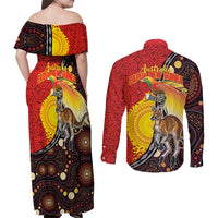 Australia and Papua New Guinea Together Couples Matching Off Shoulder Maxi Dress and Long Sleeve Button Shirt Bird-of-paradise and Kangaroo with Oro Tapa and Aboriginal Art Motifs - Polynesian Pride