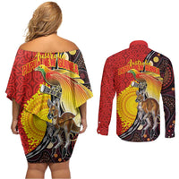 Australia and Papua New Guinea Together Couples Matching Off Shoulder Short Dress and Long Sleeve Button Shirt Bird-of-paradise and Kangaroo with Oro Tapa and Aboriginal Art Motifs - Polynesian Pride