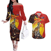 Australia and Papua New Guinea Together Couples Matching Off The Shoulder Long Sleeve Dress and Hawaiian Shirt Bird-of-paradise and Kangaroo with Oro Tapa and Aboriginal Art Motifs - Polynesian Pride
