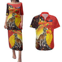 Australia and Papua New Guinea Together Couples Matching Puletasi and Hawaiian Shirt Bird-of-paradise and Kangaroo with Oro Tapa and Aboriginal Art Motifs - Polynesian Pride