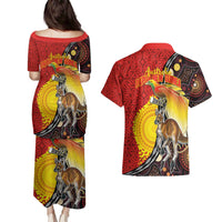 Australia and Papua New Guinea Together Couples Matching Puletasi and Hawaiian Shirt Bird-of-paradise and Kangaroo with Oro Tapa and Aboriginal Art Motifs - Polynesian Pride