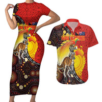 Australia and Papua New Guinea Together Couples Matching Short Sleeve Bodycon Dress and Hawaiian Shirt Bird-of-paradise and Kangaroo with Oro Tapa and Aboriginal Art Motifs - Polynesian Pride