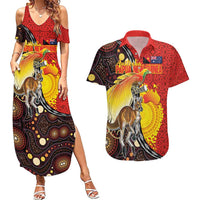Australia and Papua New Guinea Together Couples Matching Summer Maxi Dress and Hawaiian Shirt Bird-of-paradise and Kangaroo with Oro Tapa and Aboriginal Art Motifs - Polynesian Pride