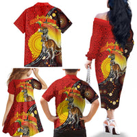 Australia and Papua New Guinea Together Family Matching Off The Shoulder Long Sleeve Dress and Hawaiian Shirt Bird-of-paradise and Kangaroo with Oro Tapa and Aboriginal Art Motifs - Polynesian Pride