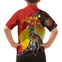 Australia and Papua New Guinea Together Family Matching Off Shoulder Short Dress and Hawaiian Shirt Bird-of-paradise and Kangaroo with Oro Tapa and Aboriginal Art Motifs - Polynesian Pride